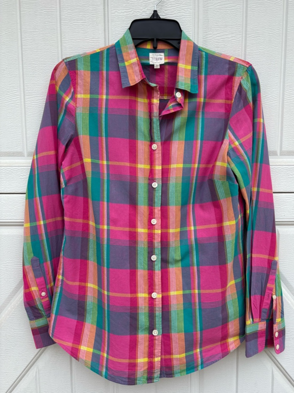 J.Crew “The Perfect Shirt” Plaid Button Down Size S Bright Pink Green Cotton